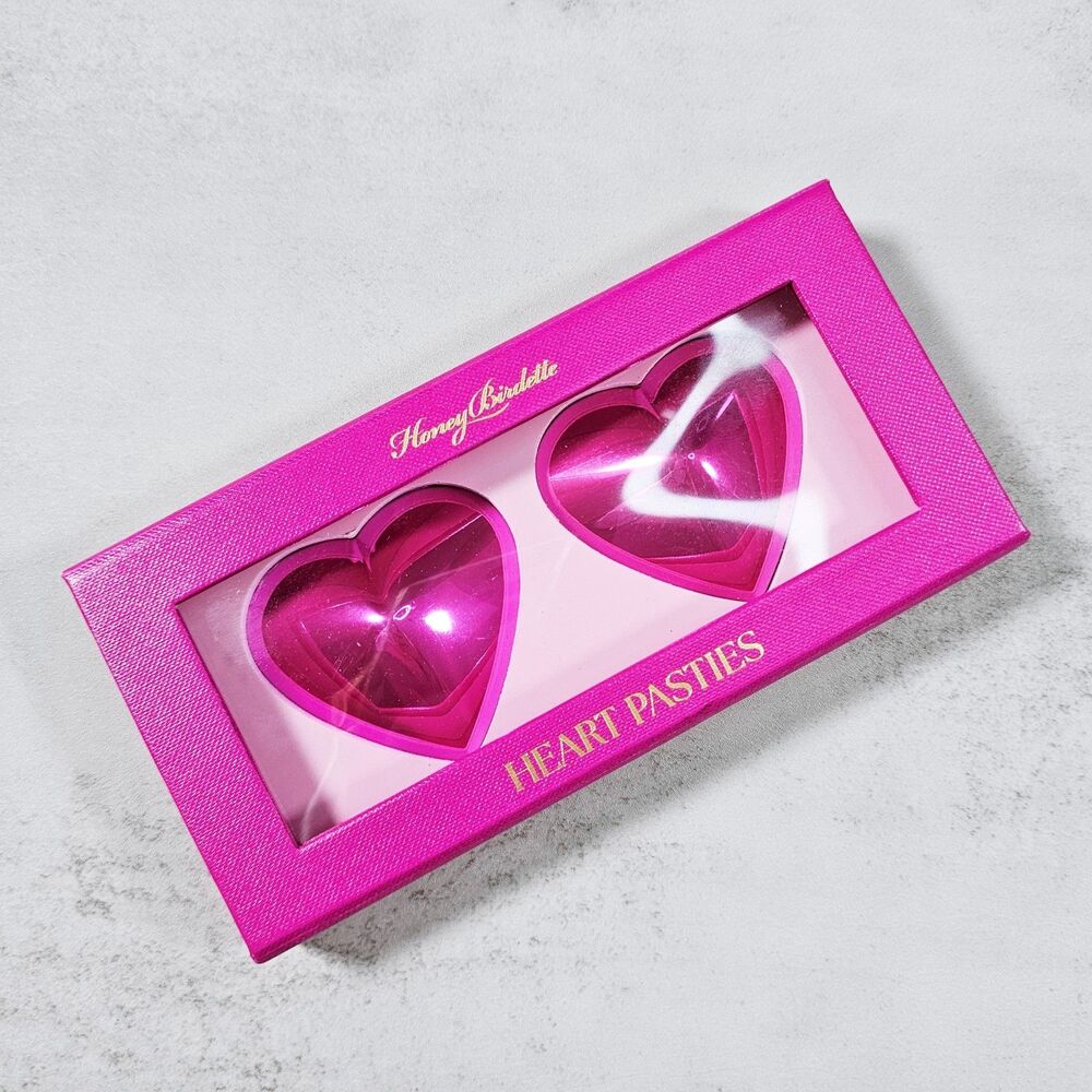 Honey Birdette Hot Pink Heart Metal Pasties Nipple Covers with Box, One Size